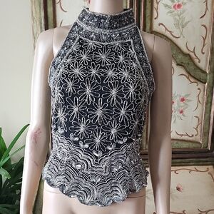Papell Boutique Black and Silver Floral Embellished Blouse